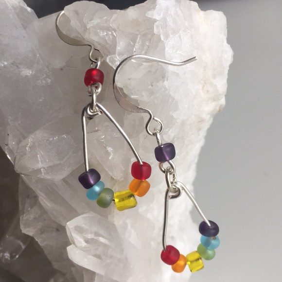 Whimsical Turtle Jewelry - 🐢 Frosted Rainbow Glass Bead Hoop Earrings